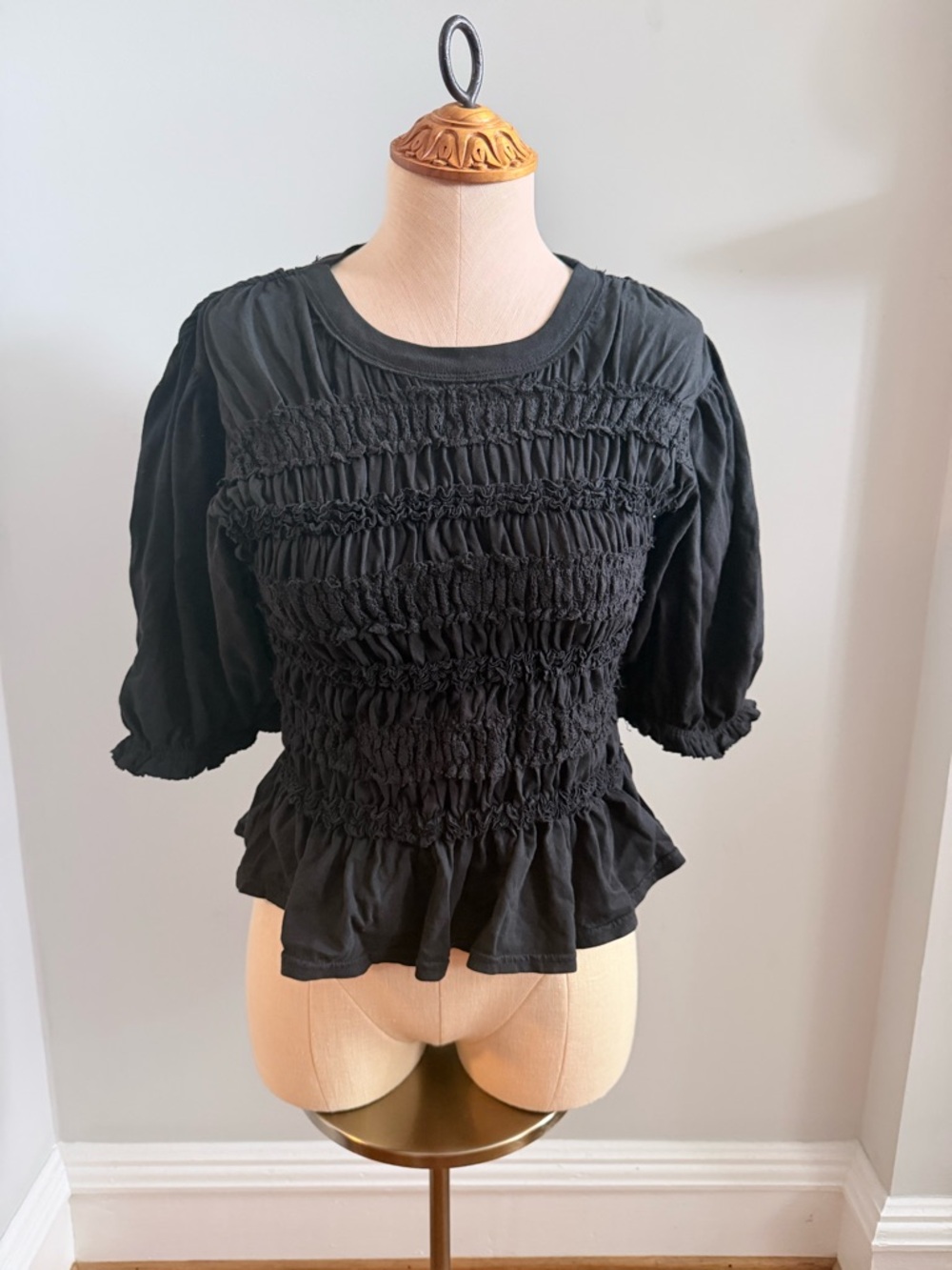 Free People Black Smocked Peplum Puff-Sleeve Top